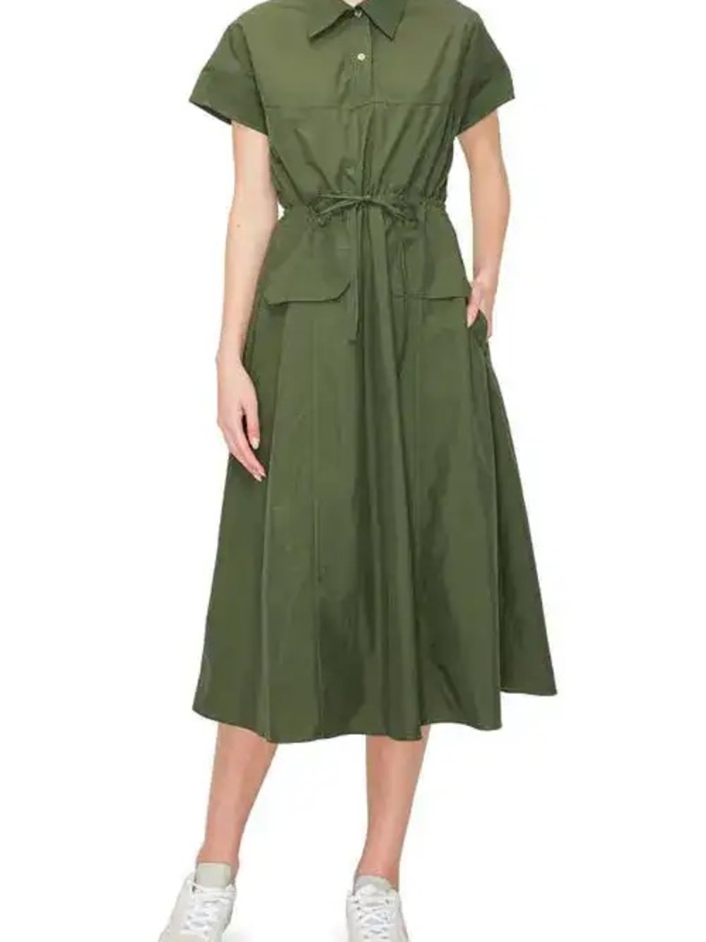 MELLODAY Olive Green Midi Shirt Dress with Drawstring Waist